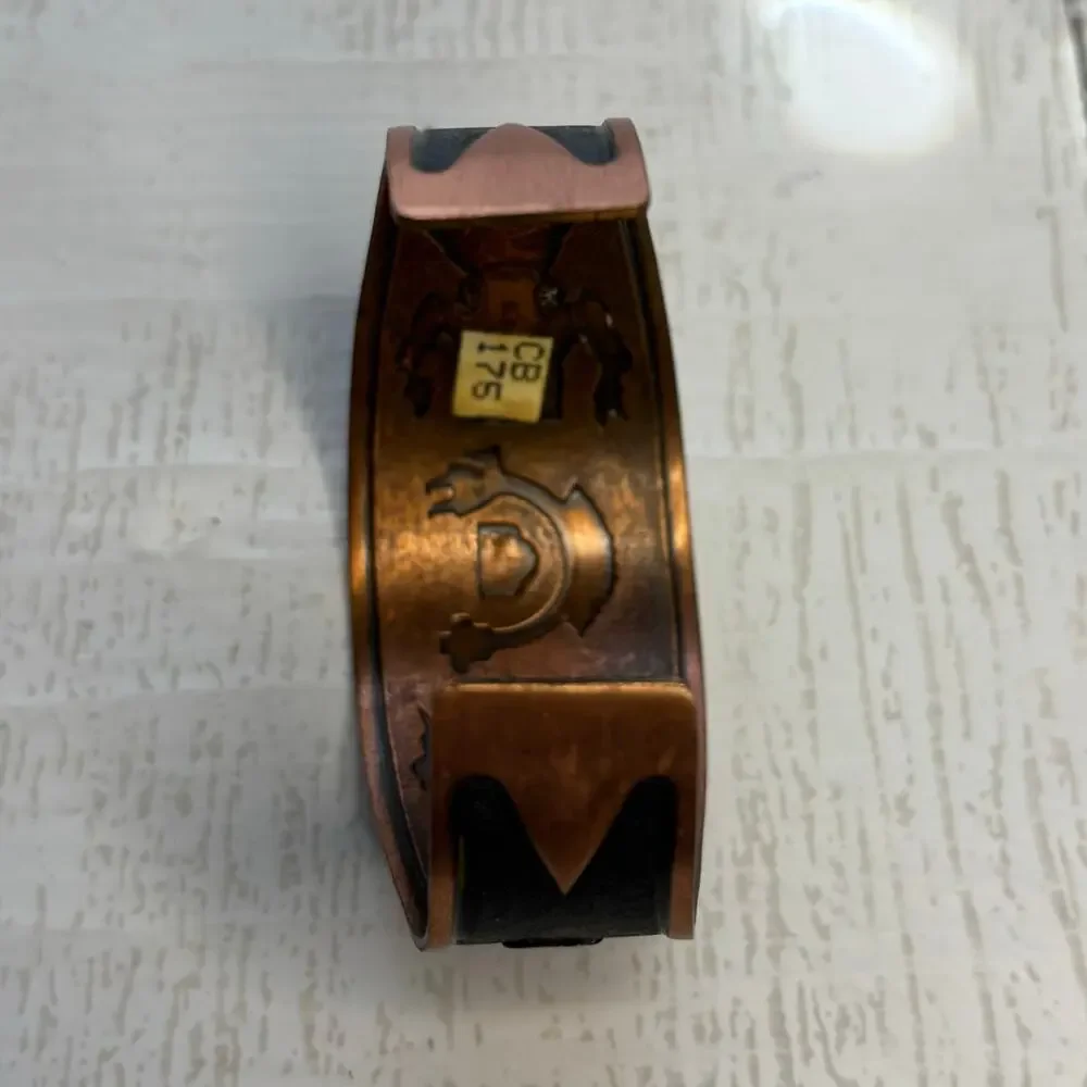 Copper Cuff Bracelet with Etched Buffalo Dancer and Rainbow Yei Design